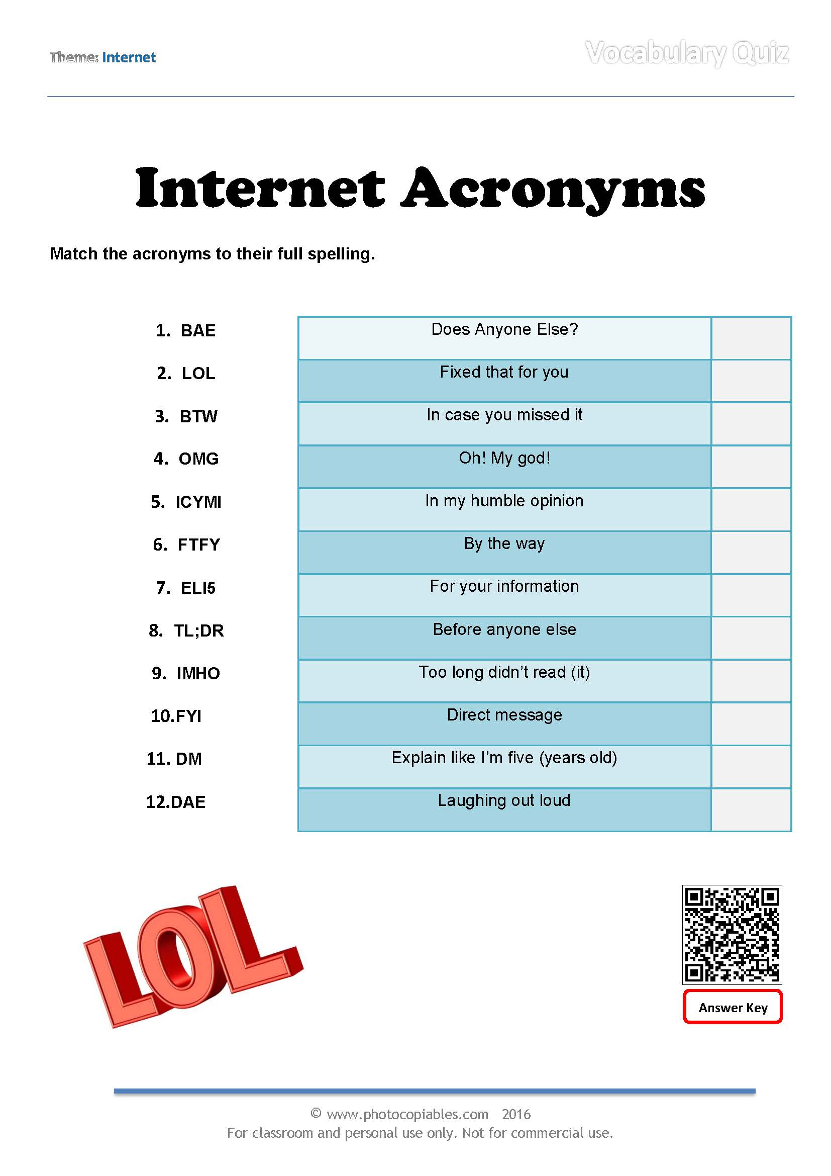 Acronyms Vocabulary Quiz photocopiables